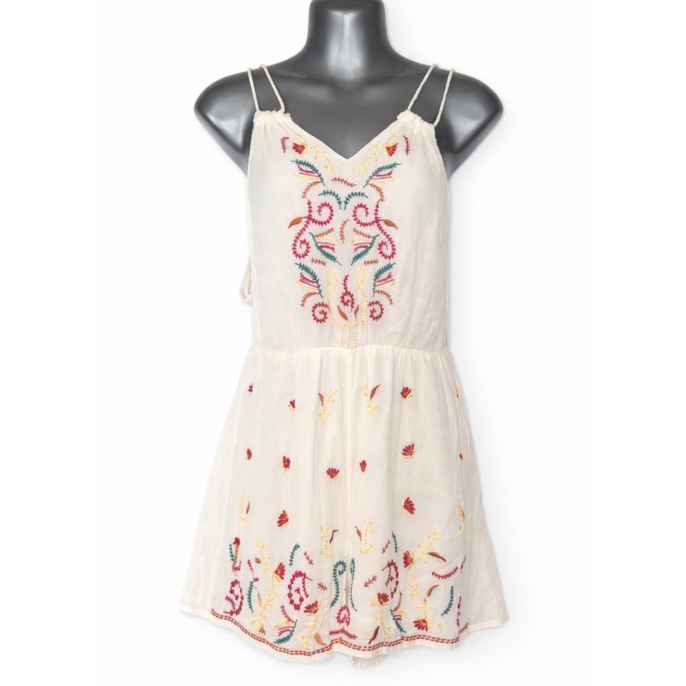 Raga Womens Cream Embroidered Floral Boho Festival Romper Ivory Size Large